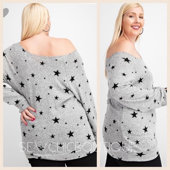 Plus Size Star Print Wide Neck Long Slv Top - Picture 4 of 6